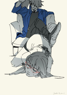 1boy 1girls ass ass_up blush bound bound_wrists female femsub fully_clothed gintama glasses hattori_zenzou long_hair male maledom masochism masochist red-framed_eyewear restrained sarutobi_ayame sitting smile smirk spot_color sweatdrop white_tea