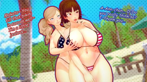 2girls 3d american_flag_bikini ann_takamaki atlus beach big_breasts breasts embarrassed female groping groping_breasts groping_from_behind makoto_niijima persona persona_5 that_naoto_guy thick_thighs yuri