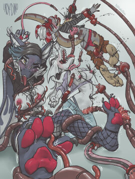 2024 4_toes 5_fingers 5_toes allosaurid allosaurus animal_humanoid anthro areola biped bodily_fluids bottomwear bound breasts clothed clothing crying_laughing dinosaur ear_piercing facial_piercing feet female fingers fishnet fishnet_legwear group hair hi_res humanoid lady_dino_(character) ladydino laugh legwear lifting_another liquid membrane_(anatomy) membranous_wings multicolored_body multicolored_hair nipple_fetish nipple_play nipples nose_piercing open_mouth panties pants pawpads paws piercing pussy reptile scalie scalie_humanoid shirt short_hair skimpy soles tears teeth_showing theropod tickle_fetish tickling tickling_armpits tickling_feet tickling_genitalia tickling_machine tickling_nipples tickling_pussy toes tongue tongue_out topwear torn_clothing trio underwear undressing_another wings