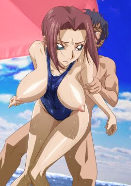 1boy 1girls beach blue_swimsuit breasts breasts_out censored code_geass female kallen_stadtfeld kyabakurabakufu large_breasts male one-piece_swimsuit red_hair school_swimsuit sex sex_from_behind short_hair swimsuit umbrella
