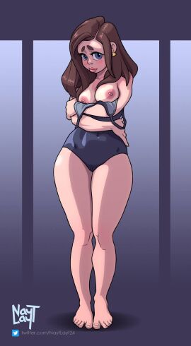 ass blue_eyes breasts brown_hair female flashing large_ass large_breasts naytlayt original original_character plump_lips swimsuit swimsuit_down tanline