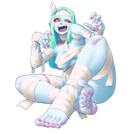 bare_shoulders barefoot blue_body breasts covered_nipples croissama cyberpunk:_edgerunners fangs green_eyes green_hair halloween long_hair mummy rebecca_(edgerunners) red_sclera revealing_clothes sitting tagme