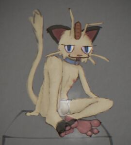 3_toes anthro blep bodily_fluids bulge clothing collar feet femboy generation_1_pokemon male meowth miii_cho musk nintendo paws pokemon pokemon_(species) sitting solo sweat tail toes tongue tongue_out twink underwear
