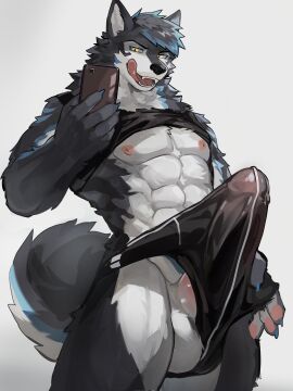 3:4 anthro archermagnum balls black_body black_fur blue_eyes blue_highlights canid canine canis cellphone clothing dr.kiyo electronics fur genitals hi_res highlights_(coloring) licking_tongue male mammal nipples phone solo thunderrangers underwear white_body wolf yellow_eyes
