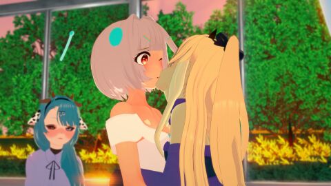 3girls alternate_version ambitiouscow blonde_hair blush cerbervt classroom cow_girl cow_horns crelly demon_girl demon_horns ellie_minibot embrace eyes_half_open female green_hair heterochromia indie_virtual_youtuber indoors kissing koikatsu_(medium) one_eye_closed onlooker punishedkkanon robot_girl surprised uninvited_guest virtual_youtuber voyeurism vtuber watching window yellow_hair