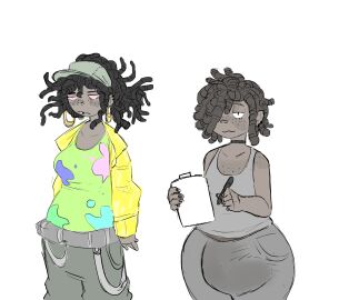 1boy 1girls 2d 2d_(artwork) 2d_artwork big_bulge breasts bulge clipboard clothed clothed_female clothed_male clothes clothing dark-skinned_female dark-skinned_male dark_skin dreadlocks ear_piercing ear_ring earrings female freckles freckles_on_chest freckles_on_face hat male nose_piercing small_breasts small_tits stoned yobaba