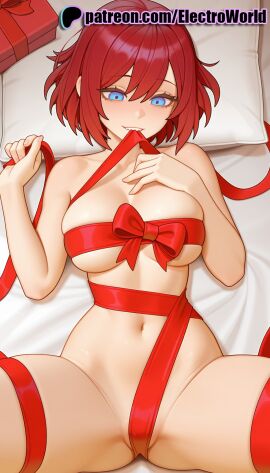 1girls 2025 ai_generated artist_name blue_eyes breasts bust chest christmas electroworld female gift gift_box hi_res high_quality high_resolution highres kairi kingdom_hearts laying_down looking_at_viewer lying lying_on_back naked_ribbon on_back patreon patreon_username pillow red_ribbon ribbon short_hair smile solo square_enix stable_diffusion watermark