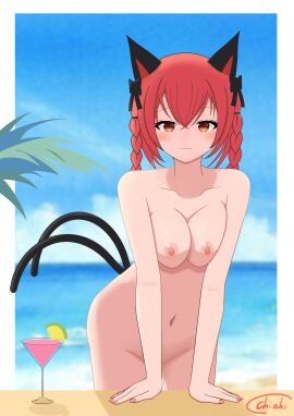 2_tails absurdres animal_ears blue_sky blurry blurry_background blush breasts cat_ears cat_girl cat_tail chiaki_koizumi cleavage closed_mouth cloud collarbone commentary completely_nude cup drinking_glass female highres kaenbyou_rin large_breasts looking_at_viewer medium_hair multi_tail navel nekomata nipples nude outdoors red_eyes red_hair signature sky solo tail tails touhou variant_set