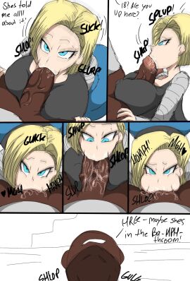 android_18 blonde_hair blowjob blue_eyes breasts comic cuckold dark-skinned_male dark_skin deepthroat dragon_ball fellatio female huge_breasts huge_cock interracial male ntr oral penis text zdaddyecchi