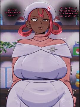 1female 1girls dark_skin doujinpearl female joi_(pokemon) joi_(pokemon_legends:_z-a) nurse_joy pokemon pokemon_legends:_z-a solo_female tagme