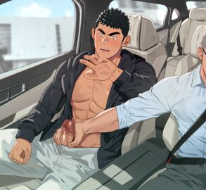 2boys abs bara bare_breasts big_glans big_penis black_eyes black_hair blush breasts building car car_interior car_seat dangerous driving duo erection eyebrow_scar foreskin foreskin_folds frenulum frown gay grey_hair hand_in_pants hand_up handjob hi_res holding_penis hoodie huge_cock indoors looking_at_penis looking_down male male/male male_only mature_male morning muscles muscular muscular_male open_clothes original original_character passenger_seat pecs penis penis_out red_glans retracted_foreskin rolled_up_sleeves sanpaku seatbelt shocked short_hair sitting sitting_in_car six_pack sky small_pupils spiky_hair sunlight sweat sweatdrop thick_eyebrows thick_penis uncensored uncircumcised uncut veiny_penis wide_eyed window yaoi youchi123 zheng_yu