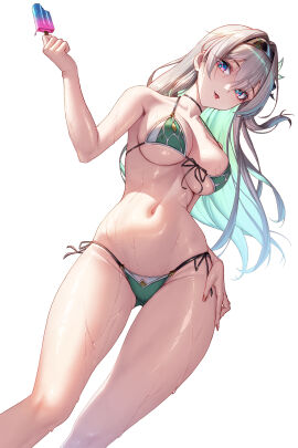 absurdres alternate_costume bikini black_hairband bowlp breasts colored_inner_hair female firefly_(honkai:_star_rail) food from_below green_bikini grey_hair hairband highres holding holding_food holding_popsicle honkai:_star_rail honkai_(series) large_breasts multicolored_hair navel popsicle purple_eyes simple_background solo stomach swimsuit tongue tongue_out wet white_background