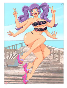 3_legs 4_arms 6_breasts accessworld bare_legs bikini blue_eyes boob_window breasts female maid multi_arm multi_breast multi_leg multi_limb purple_hair sandals
