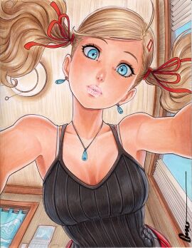 1girls 2d alternate_costume ann_takamaki armpits bare_shoulders black_tank_top blonde_hair blue_eyes bra_strap breasts cleavage collarbone commentary curtains earrings eyelashes female from_below hair_ornament hair_ribbon hairclip indoors jewelry lips long_hair looking_at_viewer medium_breasts omar_dogan parted_lips persona persona_5 red_ribbon ribbon signature solo swept_bangs tank_top traditional_media twintails upper_body