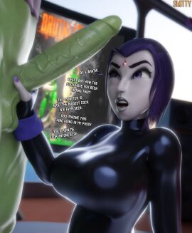 3d 3d_(artwork) balls beast_boy bottomless breasts cock_shock duo english_text erection female huge_balls huge_breasts huge_cock human male penis penis_awe raven_(dc) size_talk smitty34 teen_titans