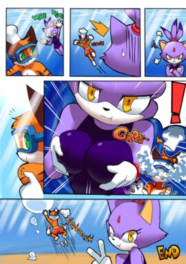 1boy 1girls anthro blaze_the_cat breasts bubble cessa_sama chefcheiro clothing comic domestic_cat duo end_page felid feline felis female hi_res male male/female mammal original original_character sega sonic_(series) sonic_rush sonic_the_hedgehog_(series) swimwear underwater water
