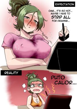 1girls 2koma big_breasts blush breasts castagno cleavage clothing covered_nipples curvy erect_nipples_under_clothes expectation_vs_reality female funny green_eyes green_hair heat humor issa94 issa_castagno_(character) self_insert spanish_text summer sweat text tied_hair