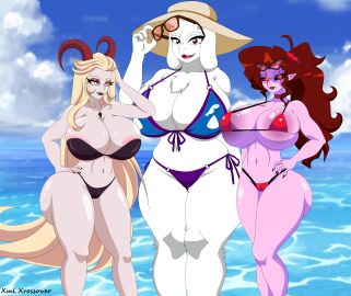 3girls 3milfs anthro ass big_ass big_breasts bikini bikini_bottom bikini_top blonde_female blonde_hair breasts chest_tuft child_bearing_hips choker crossover curvaceous curvy curvy_female curvy_figure demon demon_girl female fit fit_female floppy_ears fnf friday_night_funkin furry hazbin_hotel height_difference hellaverse horns huge_ass huge_breasts lilith_morningstar_(hazbin_hotel) long_hair looking_at_viewer mature_female milf mommy_mearest monster monster_girl mother necklace ocean outside ponytail public purple_skin red_eyes red_hair sea self_upload smile smiling smiling_at_viewer sunglasses sunhat swimsuit swimwear tall_female thick_thighs thong tight_bikini tight_fit tight_swimsuit toby_fox toriel two-piece_swimsuit undertale undertale_(series) vivienne_medrano water white_fur wide_hips xml_xrossover_(artist)