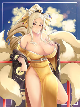 1girls 2024 2d 2d_(artwork) amber_eyes animal_ears animal_tail arm_support bare_shoulders big_breasts blonde_hair breasts cleavage clothed clothing cloud female female_focus female_only fluffy fluffy_tail fox_ears fox_girl fox_tail hair_ornament hand_on_breast hand_on_own_breast high_school_dxd kimono kitsunemimi large_breasts lens_flare light-skinned_female light_skin long_hair looking_at_viewer mature mature_female milf n0ir nine_tailed_fox nipple_bulge no_bra no_sex noir_(4chan) non-human open_mouth questionable railing smile smiling_at_viewer solo solo_female solo_focus standing sunshine tail very_long_hair yasaka_(high_school_dxd) yellow_eyes