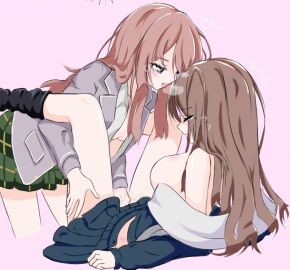 2girls bang_dream! bang_dream!_it's_mygo!!!!! bite_mark bite_mark_on_breast black_shirt black_skirt black_socks blush breasts brown_hair chihaya_anon chinese_commentary closed_eyes commentary_request female fingering flying_sweatdrops green_skirt grey_eyes grey_jacket haneoka_school_uniform heart jacket large_breasts long_hair mi_zhi_chashao_men_fan_fan multiple_females multiple_girls nagasaki_soyo oerba_yun_fang off_shoulder open_clothes open_jacket open_mouth open_shirt pink_hair plaid_clothes plaid_skirt pleated_skirt purple_background pussy pussy_juice school_uniform shirt simple_background skirt smile socks spread_legs tsukinomori_school_uniform white_shirt yuri