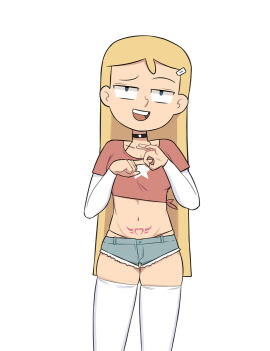 1girls aged_up ass blonde_hair cleavage clothing crop_top female female_only hair hairclip heart_tattoo hilda_(series) kelly_(hilda) leggings legs legwear light-skinned_female light_skin long_hair marra meatpie netflix penetration_gesture pubic_tattoo shorts tattoo teasing teenager waist_length_hair white_background white_stockings