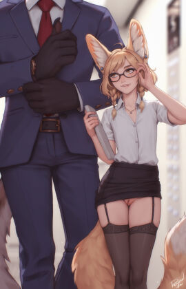 1boy adjusting_eyewear adjusting_sleeves animal_ears belt biting_own_lip black_thighhighs blonde_hair blurry blurry_background blush braid clothes_lift collarbone earrings einarr_(personalami) english_commentary female flat_chest fox_ears fox_tail garter_straps glasses height_difference highres jewelry khiara_(personalami) looking_at_another male necklace necktie no_panties original pencil_skirt personalami pussy shirt signature skirt skirt_lift suit tail thighhighs twin_braids uncensored white_shirt