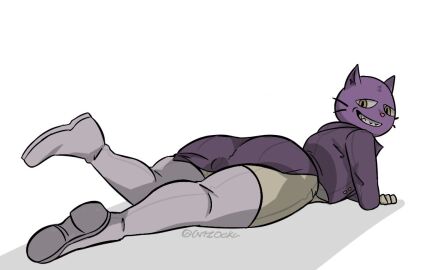 1boy 2d 2d_(artwork) ass bulge buttons cat_ears clothes clothing fear_and_hunger feline feline_humanoid formal_clothes formal_wear fully_clothed furry furry_only headwear legwear looking_at_viewer looking_back looking_back_at_viewer lying lying_down lying_on_stomach male male_focus male_only mask no_tail nonhuman odka pocketcat pocketcat_(fear_&_hunger) purple_clothing purple_mask raised_leg shoes simple_background smile smirk smirking_at_viewer solo_male teeth thick_thighs tight_clothing whiskers