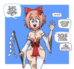 1girls bare_shoulders blue_eyes breasts cleavage cosplay doki_doki_literature_club english_text female itsyaboi_kroggu miko_outfit mouth_open open_mouth potariapparel_(meme) reimu_hakurei_(cosplay) sayori_(doki_doki_literature_club) shrine_maiden stuttering talisman_pasties text touhou