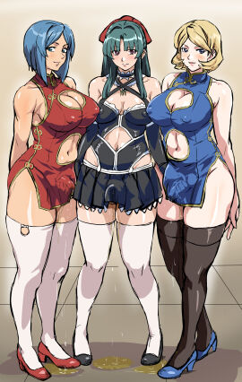 3girls absurdres bare_shoulders blonde_hair blue_eyes blue_hair breasts china_dress chinese_clothes cleavage covered_nipples double_handjob dress female food futa_with_futa futanari green_hair hair_ribbon handjob highres intersex large_breasts long_hair looking_at_viewer mamesi_(suhk8583) mamiya_marika multiple_females multiple_girls nipples pie purple_eyes ribbon short_hair skirt smile standing starless stomach thighhighs white_thighhighs