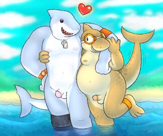 anklet anthro armband balls beach belly big_belly blush clock duo epic_games eye_contact eyewear fish flaccid fortnite genitals goggles grin heart_symbol hi_res hug jewelry looking_at_another male male/male male_anthro male_only marine motion_lines navel nipples nishi_oxnard on_one_leg open_mouth open_smile partially_submerged penis safety_first_steve sea shark sharp_teeth small_penis smile standing swimming_goggles tail tail_motion tailwag teeth watch water whistle_around_neck