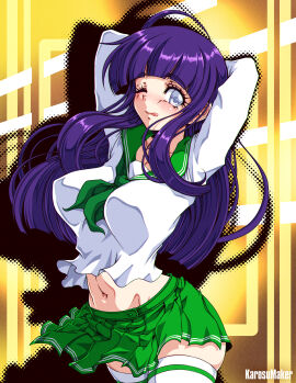 1girls arms_behind_head big_breasts breasts busty confident covered_erect_nipples curvy female female_only grey_eyes highres hyuuga_hinata karosu-maker karosu_maker large_breasts legs licking_lips looking_at_viewer midriff naruto naruto_(series) navel one_eye_closed pose posing purple_hair retro_artstyle school_uniform sensual skirt smile solo thick_thighs thighs tongue tongue_out voluptuous wink