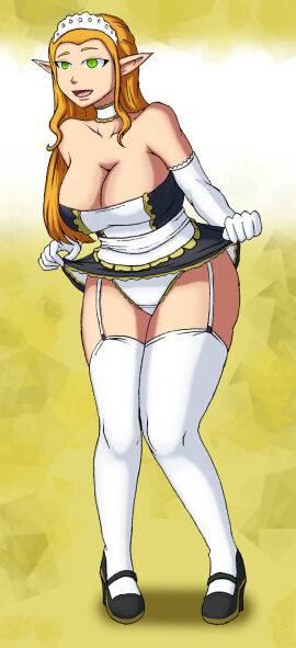 apron black_dress blonde_hair breasts breath_of_the_wild choker dress dress_lift elbow_gloves female female_only fully_clothed garter_straps gloves green_eyes high_heels large_breasts lifted_by_self long_hair maid maid_apron maid_headdress maid_uniform nintendo princess_zelda revealing_clothes stockings the_legend_of_zelda thighhighs zelda_(breath_of_the_wild) zerotwo9s