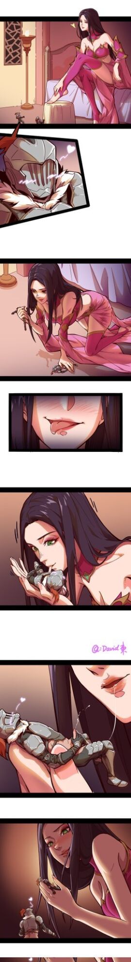 anime_style bed black_hair blowjob blush cleavage close-up comic commission dark_background dick eyelashes giantess green_eyes helmet horny horny_female incomplete knight licking lips long_hair macrophilia manga middle_aged open_mouth orange_background pink_dress pleasure saliva saliva_trail sucking sucking_penis tease teasing tongue tongue_out twitter vore warrior white_background