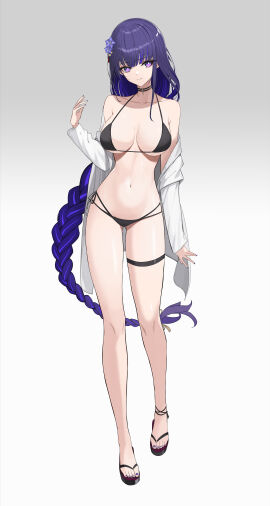 1girls absurd_res absurdres adult adult_female ankles ass_visible_through_thighs bare_belly bare_calves bare_chest bare_hands bare_hips bare_knees bare_legs bare_midriff bare_navel bare_shoulders bare_soles bare_thighs bare_torso belly belly_button bikini bikini_bottom bikini_top black_bikini black_bikini_bottom black_bikini_top black_choker black_sandals black_shoes black_string_bikini black_swimsuit black_swimwear black_thighband braid braided_hair braided_ponytail breasts calves choker cleavage collarbone curvy curvy_body curvy_female curvy_figure curvy_hips curvy_thighs dot_nose exposed exposed_arms exposed_belly exposed_legs exposed_midriff exposed_shoulders exposed_thighs exposed_toes exposed_torso feet female female_focus female_only fingernails fingers flower flower_hair_ornament full_body genshin_impact gradient_background grey_background groin hair_ornament hair_ribbon half_naked head_tilt high_resolution highres hourglass_figure knees large_breasts legs light-skinned_female light_skin lips long_hair looking_at_viewer mature_female medium_breasts nail nail_polish naked naked_female navel nude nude_female open_clothes open_clothing open_shirt ponytail purple_fingernails purple_flower purple_nail purple_nail_polish purple_toenail_polish purple_toenails pussy raiden_shogun rella2930 ribbon rikui_(rella2930) sandals shirt shoes shoulders side-tie_bikini sidelocks simple_background slender_body slender_waist slim_female slim_waist smile smiling_at_viewer solo standing string_bikini swimsuit swimwear thick_thighs thigh_gap thighband thighs thin_waist tilted_head toenail_polish toenails toes unbuttoned unbuttoned_shirt v-line very_long_hair white_background white_pupils white_shirt wide_hips yellow_hair_ribbon yellow_ribbon