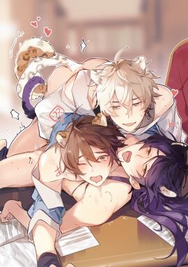 animal_humanoid ass bangs bite_mark blurred_background bodily_fluids bottomless bottomless_male brother brother_(lore) brothers_(lore) clothed clothing eiden_(nu:_carnival) felid felid_humanoid furniture group group_sex hair hi_res humanoid humanoidized incest_(lore) leopard_humanoid long_hair male male/male mammal mammal_humanoid markings nu:_carnival on_table pantherine pantherine_humanoid paper piercing purple_hair rin_(nu:_carnival) round_ears selfcest sex shirt sibling_(lore) spots spotted_markings spotted_tail square_crossover sweat table table_sex tail tail_markings threesome tongue tongue_piercing topwear trio zym89622531