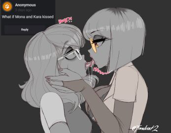 2024 bobcut bra circular_glasses clothed clothed_female clothes curious_cat eyeshadow female glasses kara_(timeless-t) kiss_on_lips kissing lipstick mona_(timeless-t) monochrome multicolored_eyes orange_eyes original_character partially_colored see-through_glasses sunglasses thick_lips timeless-t tinted_eyewear tongue_kiss transparent_glasses yellow_sunglasses yuri