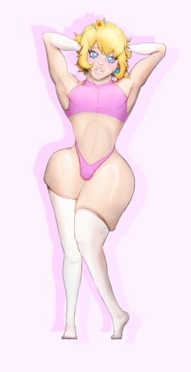 1boy arms_behind_head blonde_hair blue_eyes bulge earrings femboy femboy_prince feruine front_view genderswap genderswap_(ftm) gloves looking_at_viewer male male_only male_peach mario_(series) nintendo pose posing prince princess_peach rule_63 shining_eyes shiny_skin solo thick_thighs thighhighs thong tight_clothing twink wide_hips