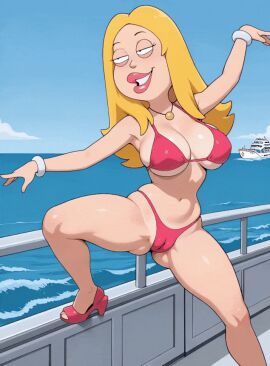 ai_animation ai_generated american_dad animated ass big_breasts bikini blonde_hair boat cameltoe cruise_ship dance dancer francine_smith heels pink_bikini sea ship sky
