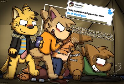 2023 anal animal_genitalia animal_penis anthro ass blush bullying canid canine canis cellphone domestic_cat domestic_dog electronics english_text erection eyewear felid feline felis forced_rimming genitals glasses group hi_res homophobic_slur humiliation male male/male male_rimming_male mammal oral penis phone procyonid raccoon rimming sex smartphone tent text zandermanith