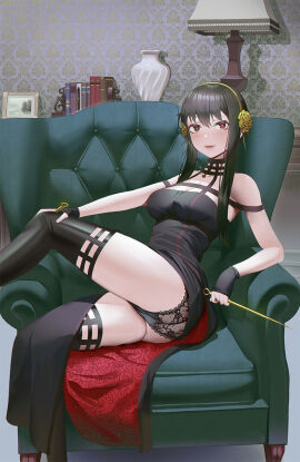 1girls assassin black_dress black_hair breasts cleavage dress female female_human fingerless_gloves gloves gold_hairband hairband human indoors lace lace-trimmed_panties lace_trim light-skinned_female light_skin long_hair looking_at_viewer mature_female pale-skinned_female pale_skin panties rdy red_eyes sitting smile sofa solo spy_x_family stiletto_(weapon) thighhighs thighs thorn_princess yor_briar yor_forger