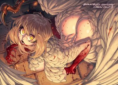 1girls 2d 2d_(artwork) artist_name artist_signature ash_blonde_hair ass blonde blonde_female blonde_hair blood_drip blood_in_mouth blood_splatter blood_stain breasts chimera delicious_in_dungeon dungeon_meshi eyes falin_touden falin_touden_(chimera) feathered_crest feathered_dragon feathered_wings feathers female glowing_eyes gofa light-skinned_female light_skin looking_at_viewer looking_up mammal mammal_humanoid monster monster_girl mythological_creature mythology no_clothes non-human onebutt_oneday_2024 reptilian_eyes solo solo_female talons white_feathers wings yellow_eyes