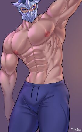 abs anime armpits bara league_of_legends male male_only pecs purple_eyes shen yaoi