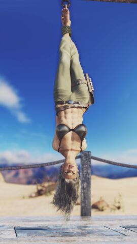 1girls 3d arms_behind_back bikini_top blonde_hair bound_ankles clothed_bondage female original suspension suspension_bondage ultimate-clash upside-down