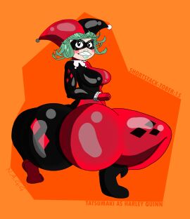 1girls angry_face ass ass_body back_view big_ass big_butt bodysuit clown_hat cosplay face_mask fat_ass female female_only harley_quinn_(classic)_(cosplay) harley_quinn_(cosplay) huge_ass latex latex_bodysuit latex_suit looking_back massive_ass notagoodguy1_(autor) one-punch_man red_and_black shiny_clothes shortstack shortstack-tober solo squatting tatsumaki teal_hair thick_ass tight_clothing tight_fit