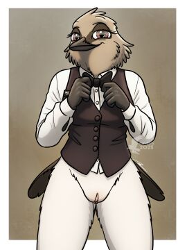 absurd_res adjusting_tie anthro avian bird bottomless bottomless_female bow_tie casual_exposure clothed clothing collared_shirt confident confident_female dress_shirt female fish_birb genitals hi_res millie_(fish_birb) name_tag oscine passerine pussy shirt solo starling_(bird) topwear vest vulva waiter waiter_suit