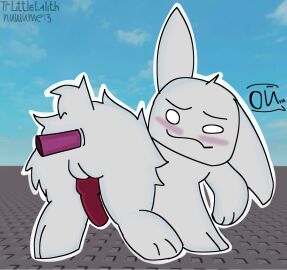 anal_sex animal_genitalia animal_penis anus balls blush cock dick dildo dildo_in_ass feral gubby gubby_(roblox) ibispaintx littlelilith male male_only rabbit rabbit_ears raised_tail roblox roblox_background russian_text smile solo what white_fur wtf