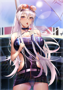 1girls azur_lane bare_shoulders blush bodycon breasts candy cleavage collarbone commentary covered_navel dated_commentary eagle_union_(azur_lane) enterprise_(azur_lane) enterprise_(wind_catcher)_(azur_lane) eyewear_on_head feet_out_of_frame female food highres holding holding_candy holding_food holding_lollipop holding_umbrella large_breasts leotard light-skinned_female light_skin lollipop long_hair looking_at_viewer microskirt misapika official_alternate_costume open_mouth panties pantyshot purple_eyes purple_leotard race_queen simple_background skirt solo standing sunglasses tongue tongue_out umbrella underwear white_hair white_panties