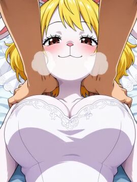 1boy1girl ai_generated animated big_breasts blonde_hair carrot_(one_piece) faceless_male furry_female looking_at_viewer on_back on_bed one_piece steamy_breath tagme video white_body