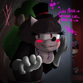 1boy 1girls anthro artist_request black_fur black_nose dialogue female five_nights_at_freddy's five_nights_at_sonic's gloves hedgehog hidden_sex humanoid humanoid_on_anthro lefty_sonic luigi male male/female mario_(series) mobian_(species) nintendo red_eyes sex sonic_(series) straight straight_sex tagme tophat
