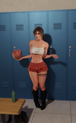 3d basketball big_breasts blue_eyes breasts brown_hair busty choker eyeshadow female female_only hi_res hourglass_figure human lara_croft lara_croft_(survivor) large_breasts light-skinned_female light_skin lipstick locker_room long_hair looking_at_viewer makeup miniskirt nail_polish navel_piercing nose_piercing ponytail short_skirt sicipo6908 skimpy_clothes skirt standing tagme tattoo tomb_raider tomb_raider_(survivor) underboob wide_hips